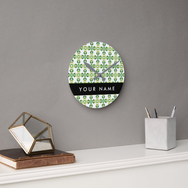 Leaf Pattern, Green Leaves, Your Name Round Clock (Office)