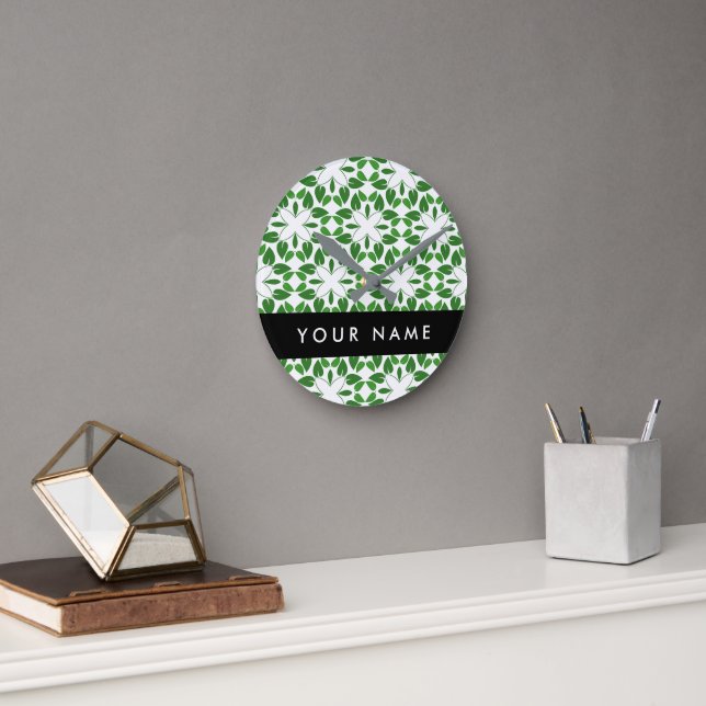 Leaf Pattern, Green Leaves, Your Name Round Clock (Office)