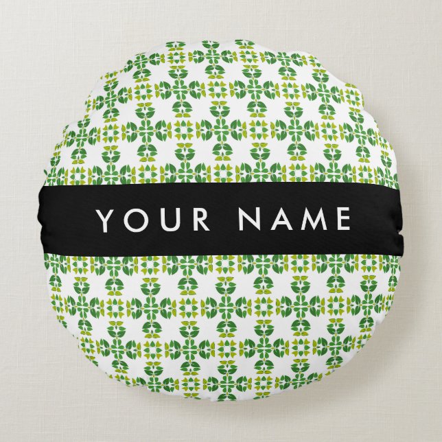 Leaf Pattern, Green Leaves, Your Name Round Cushion (Front)