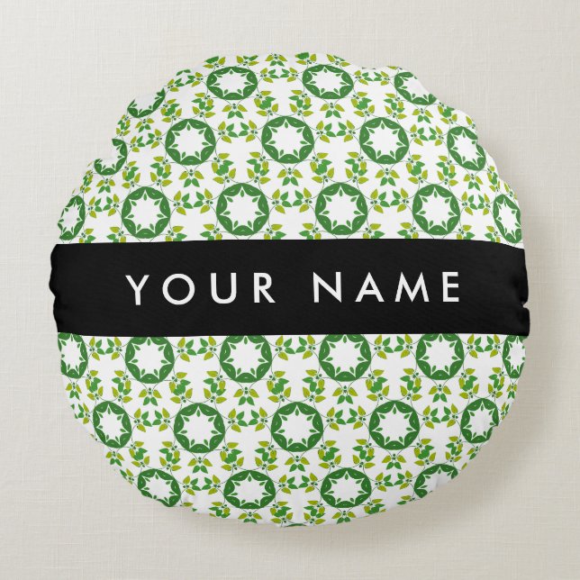 Leaf Pattern, Green Leaves, Your Name Round Cushion (Front)