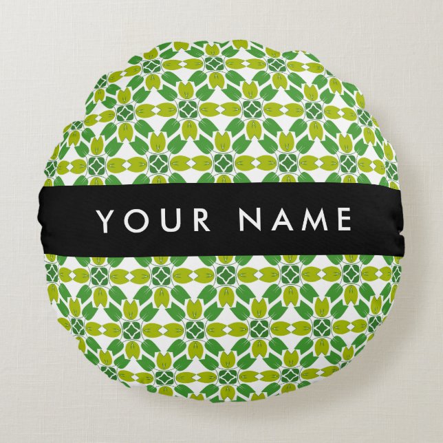 Leaf Pattern, Green Leaves, Your Name Round Cushion (Front)