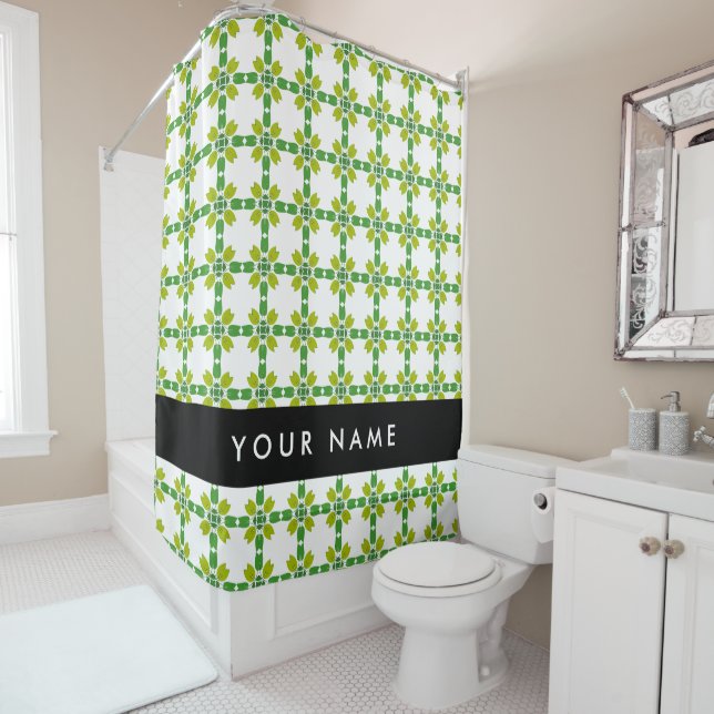 Leaf Pattern, Green Leaves, Your Name Shower Curtain (In Situ)