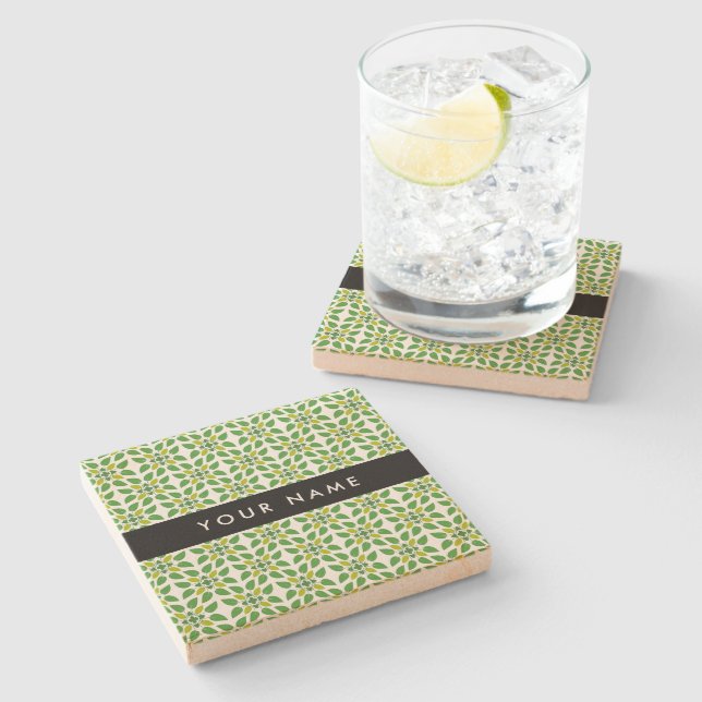 Leaf Pattern, Green Leaves, Your Name Stone Coaster (Side)