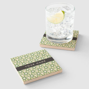 Leaf Pattern, Green Leaves, Your Name Stone Coaster