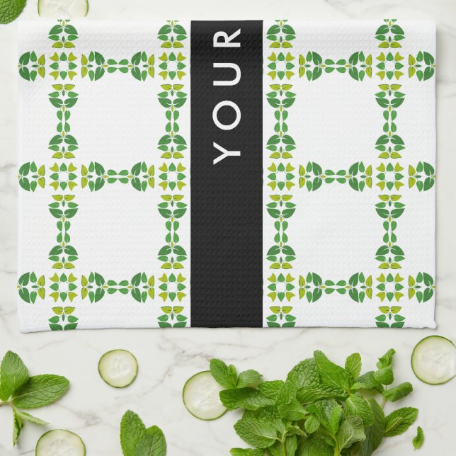Leaf Pattern, Green Leaves, Your Name Tea Towel (Folded)