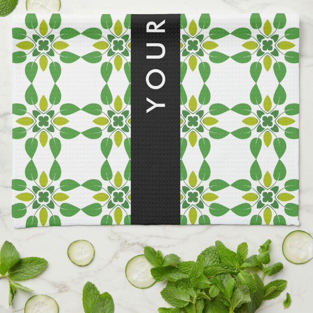 Leaf Pattern, Green Leaves, Your Name Tea Towel (Folded)