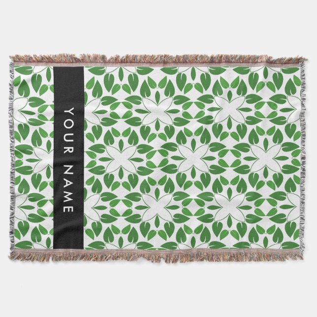 Leaf Pattern, Green Leaves, Your Name Throw Blanket (Front)