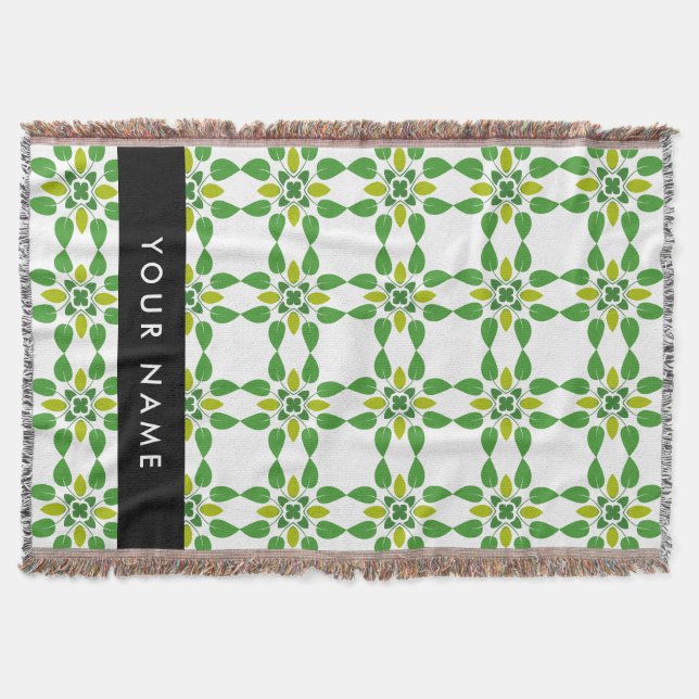 Leaf Pattern, Green Leaves, Your Name Throw Blanket (Front)