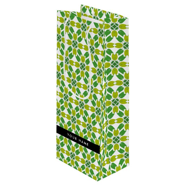 Leaf Pattern, Green Leaves, Your Name Wine Gift Bag (Front Angled)