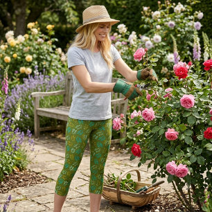 Leaf Pattern on Olive Green Capri Leggings