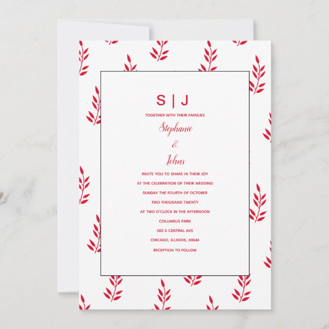 Leaf Pattern Red White Monogram Name Wedding Invitation (Front)