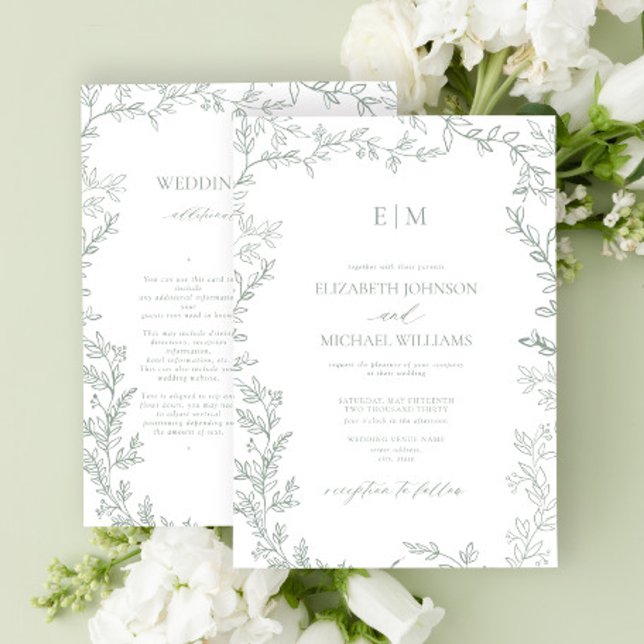 Leaf Sage Green Elegant Monogram Details Wedding Invitation (Creator Uploaded)