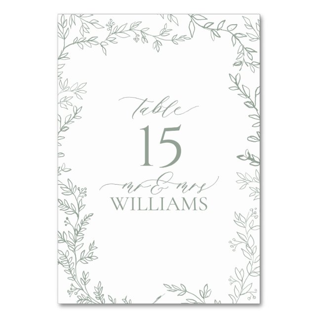 Leaf Sage Green Elegant Monogram Table Card (Front)