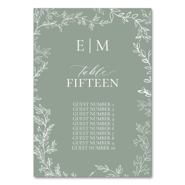 Leaf Sage Green Elegant Monogram Table Number (Front)
