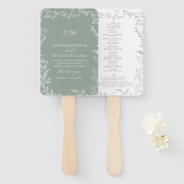 Leaf Sage Green Elegant Monogram Wedding Program Hand Fan (Front and Back)