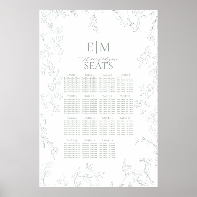 Leaf Sage Green Elegant Monogram Wedding Seating Poster (Front)