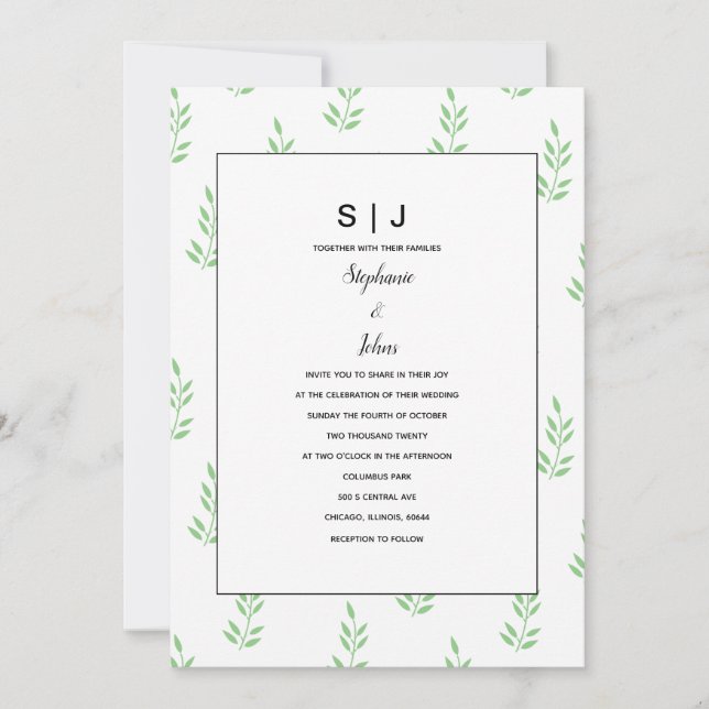 Leaf Sage Green Monogram Minimal Wedding 2024 Invitation (Front)