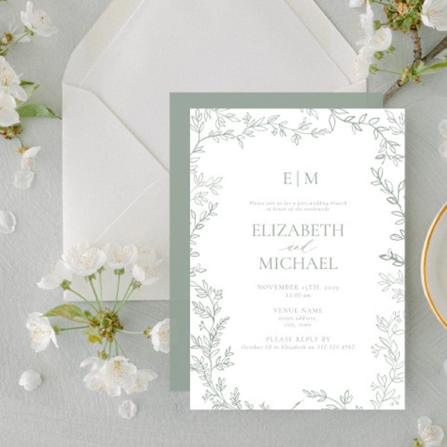 Leaf Sage Green Monogram Post Wedding Brunch Invitation (Creator Uploaded)