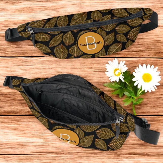 Leaf Skeleton Pattern with Initial Monogram Bum Bags (front, top and inside fanny pack template)