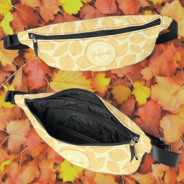 Leaf Skeleton Pattern with Initial Monogram Bum Bags (fanny pack front, top and inside with template monogram and name)