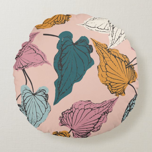 Leaf skeleton seamless pattern,background with cal round cushion (Front)