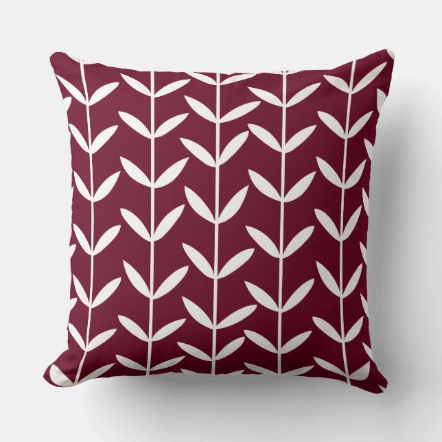 Leaf Stems - White on Deep Crimson Cushion (Front)