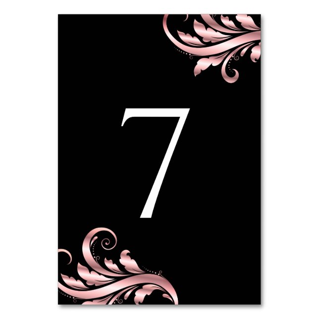Leaf Swirl Wedding Table Number Black Pink (Back)