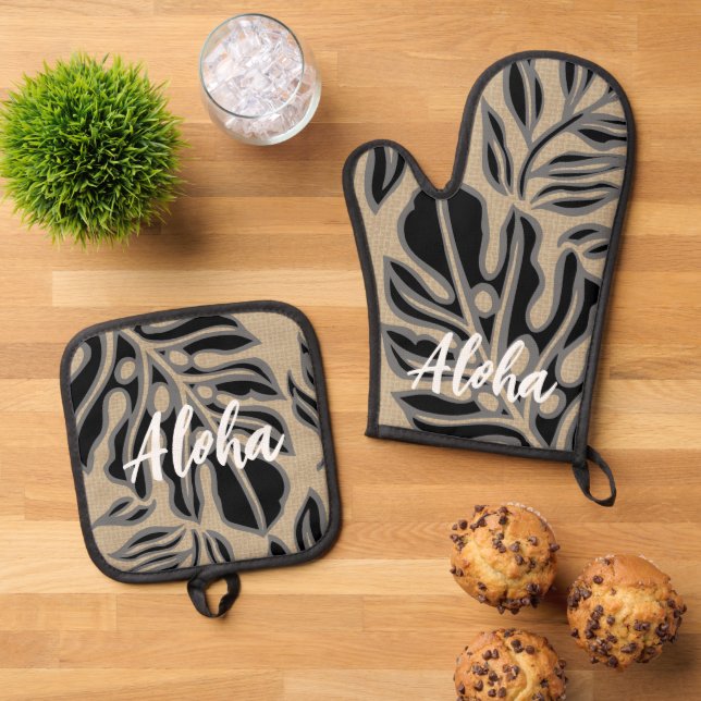  Leaf Tiki Black Hawaiian Tropical Oven Mitt & Pot Holder Set (Top Down)