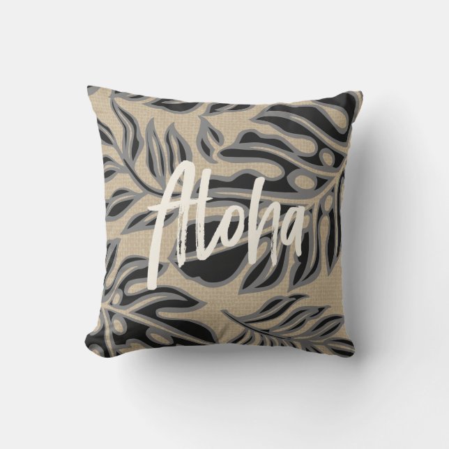 Leaf Tiki Charcoal Hawaiian Tropical Reversible Cushion (Front)