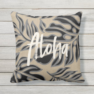 Leaf Tiki Charcoal Hawaiian Tropical Reversible Cushion