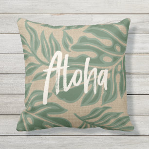 Leaf Tiki Sage Green Hawaiian Tropical Reversible Cushion