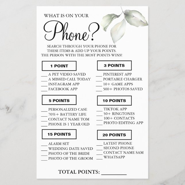 Leaf What is on your phone Shower game card (Front)