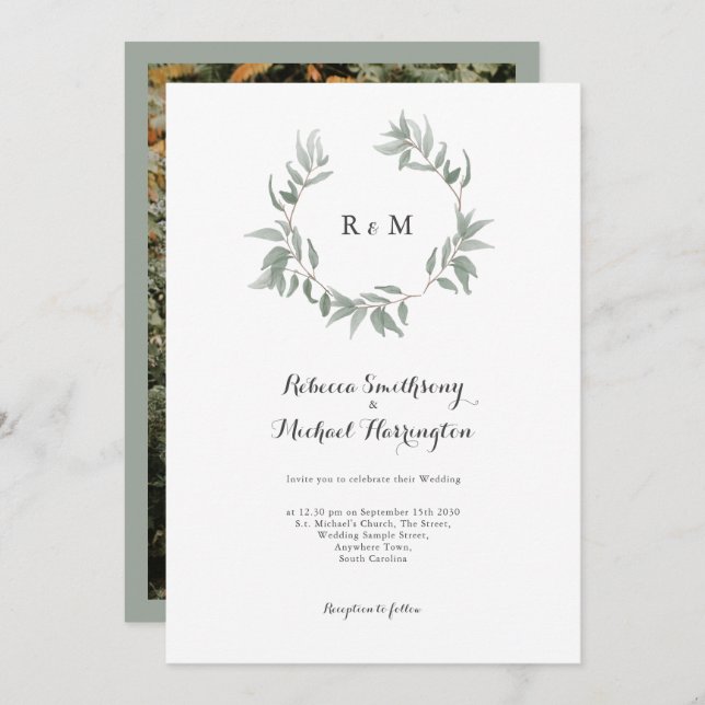 Leaf Wreath Monogram Wedding Invitation (Front/Back)