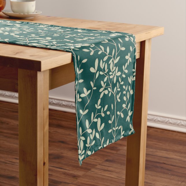 Leafline Spread Deep Teal Warm Sand Short Table Runner (In Situ)