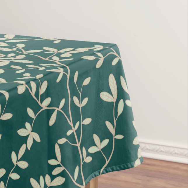 Leafline Spread Deep Teal Warm Sand Tablecloth (In Situ)