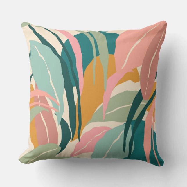 Leafy Abstract in Teal, Sage, Rose and Gold Cushion (Front)