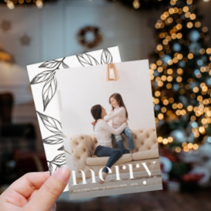 Leafy Black White Print Merry Christmas Photo Invitation