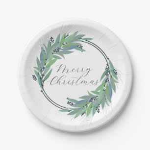Leafy Blue wreath custom Christmas/holiday  Paper  Plate