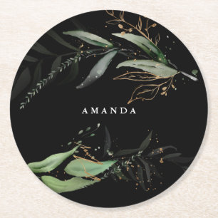 Leafy Botanical Eucalyptus Modern Black Branch Round Paper Coaster