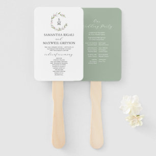 Leafy Crest Monogram Sage Green Wedding Program Hand Fan