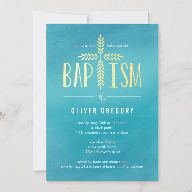 Leafy Cross Baptism Invitation - Blue (Front)