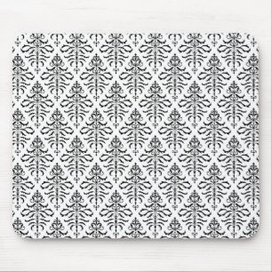 Leafy Damask Repeat Pattern - Black on White Mouse Pad
