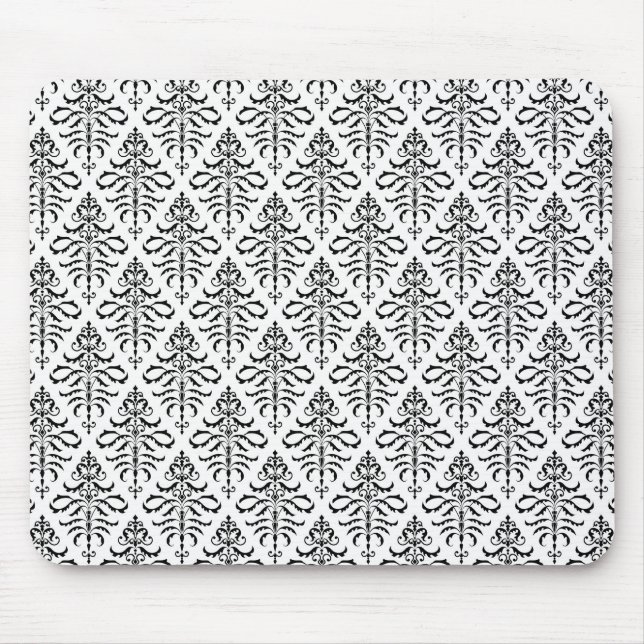 Leafy Damask Repeat Pattern - Black on White Mouse Pad (Front)