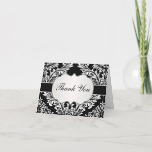 Leafy Damask white on black Wedding Thank You