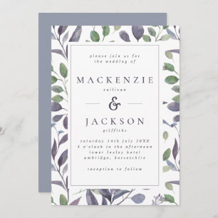Leafy Elegance Blue & Green Watercolor Wedding Invitation