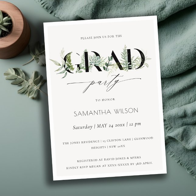 Leafy Fern Succulent Fauna Photo Graduation Invite (Creator Uploaded)