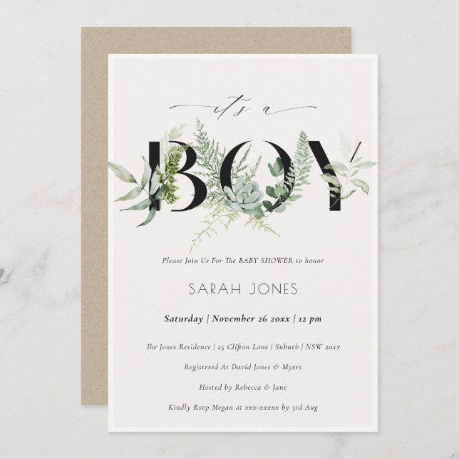 Leafy Fern Succulent Its a Boy Baby Shower Invite (Front/Back)