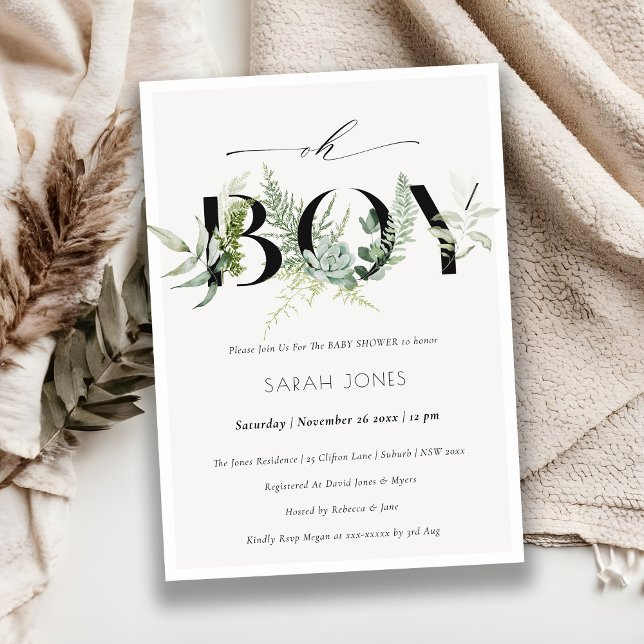 Leafy Fern Succulent Oh Boy Baby Shower Invite (Creator Uploaded)
