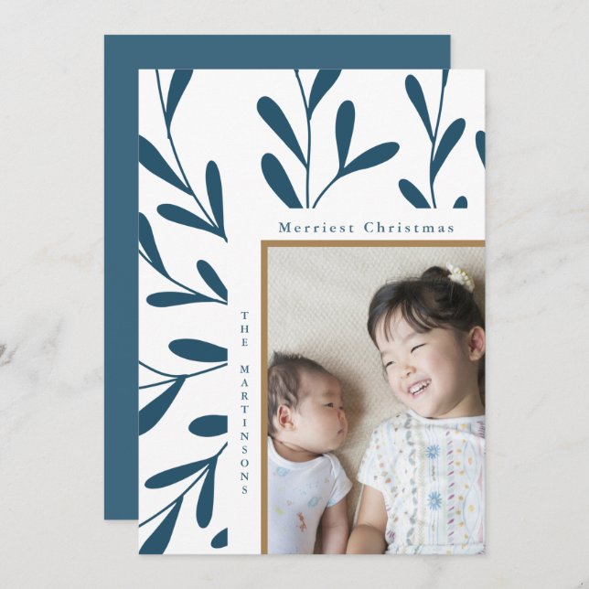 Leafy Frame Blue and White Photo Christmas Holiday Card (Front/Back)