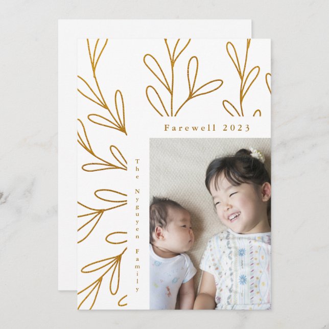 Leafy Frame Faux Gold Photo Farewell 2023 Holiday Card (Front/Back)